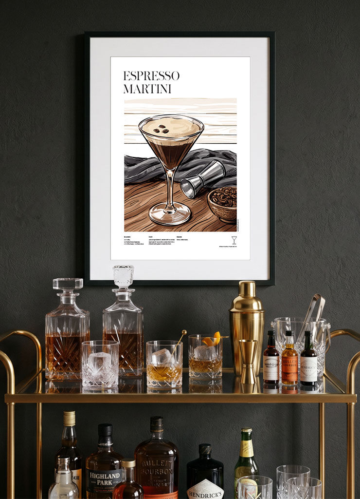 Espresso Martini — illustrated cocktail recipe poster displayed in modern home bar interior