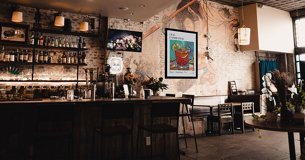 Old Fashioned cocktail recipe illustrated poster on a rustic brick wall bar setting — original mid-century wall art by Poster Shop Boys, printed on 200gsm premium matte paper