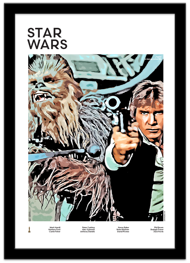 Poster Shop Boys Star Wars - Han Solo - Chewbecca illustrated mid-century movie poster displayed in black frame. Shop now