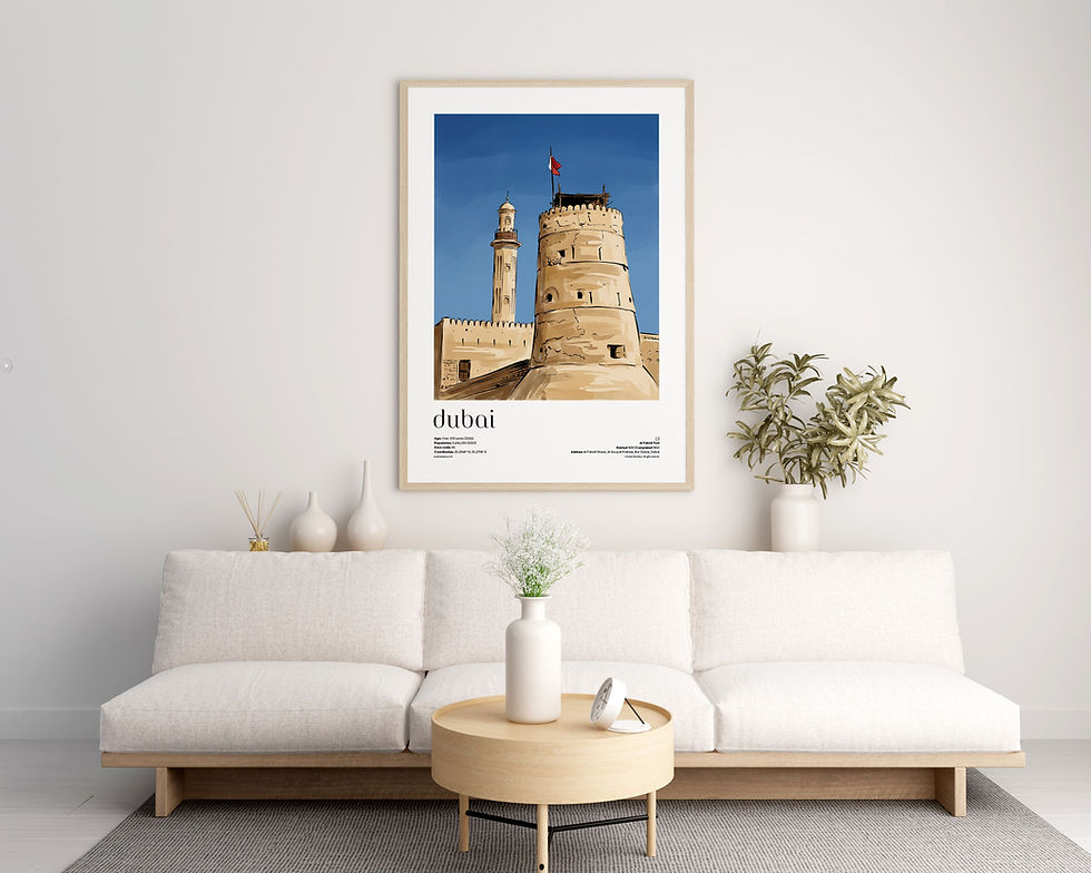 Dubai — Al Fahidi Fort illustrated city travel poster displayed in modern living room interior with natural daylight