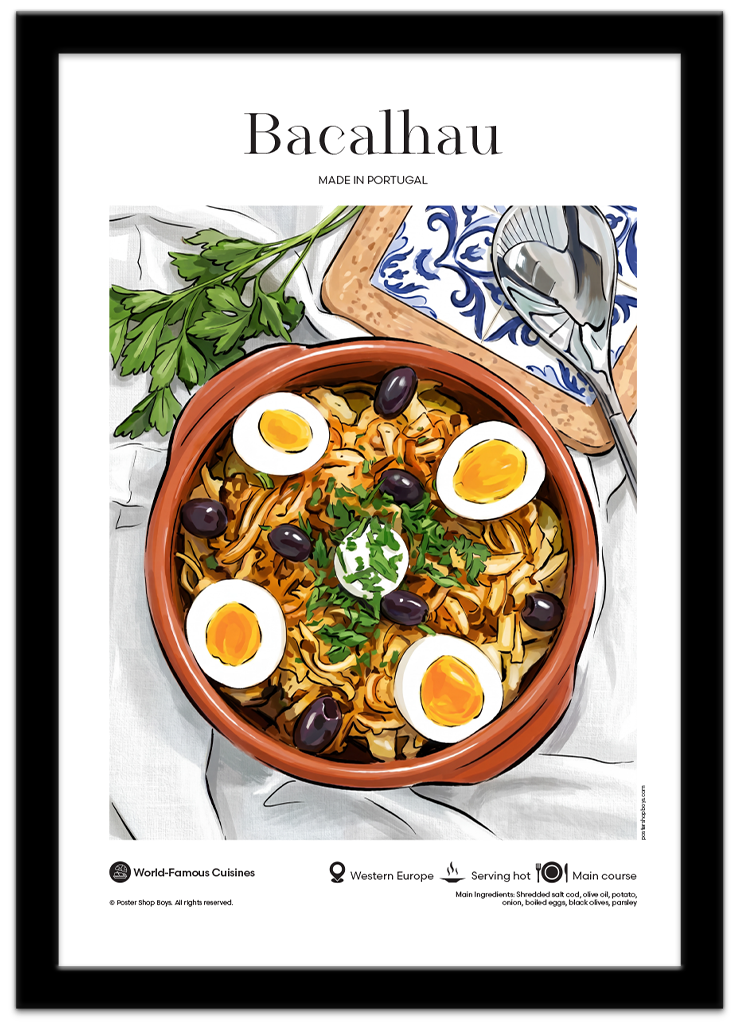 Poster Shop Boys Bacalhau — illustrated mid-century world cuisine poster displayed in black frame. Shop now