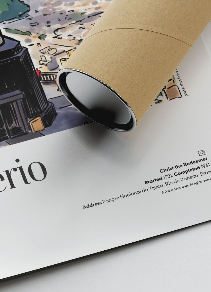 Close-up of illustrated Rio de Janeiro — Christ the Redeemer travel poster print showing fine art paper