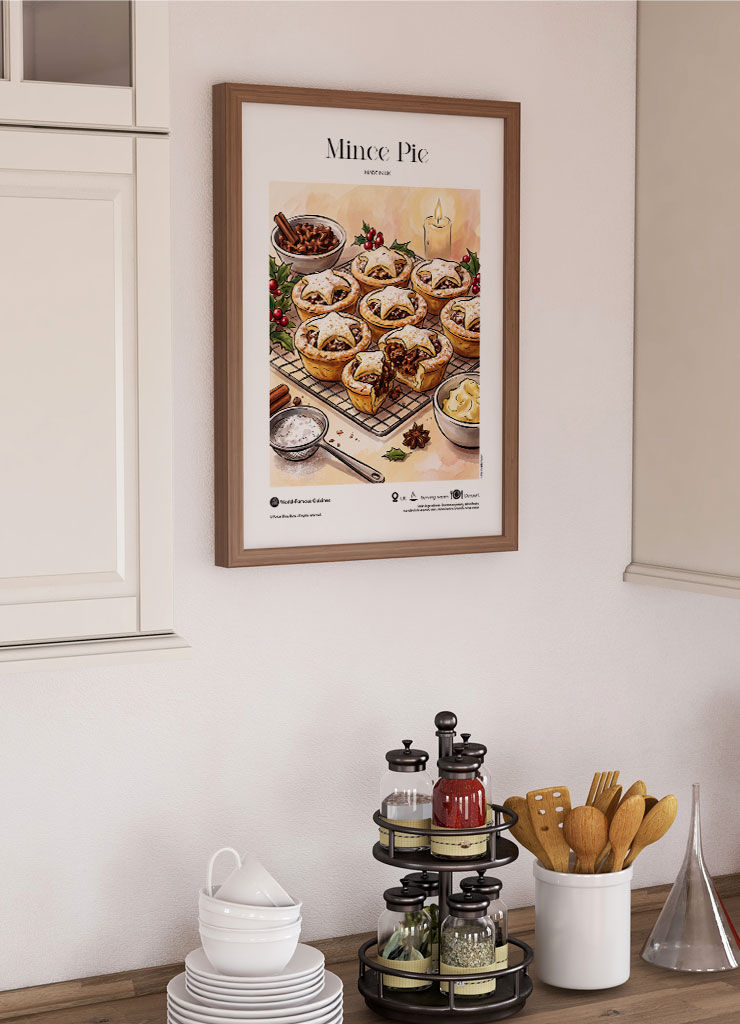 Mince Pie illustrated mid-century world cuisine poster displayed in modern living room interior with natural daylight