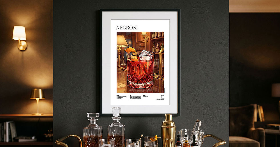 A stylish bar setup features a framed Negroni cocktail illustration recipe poster hanging on a dark wall, illuminated warmly by elegant wall sconces, complementing the display of decanters and cocktail shakers on the sideboard. Shop now!