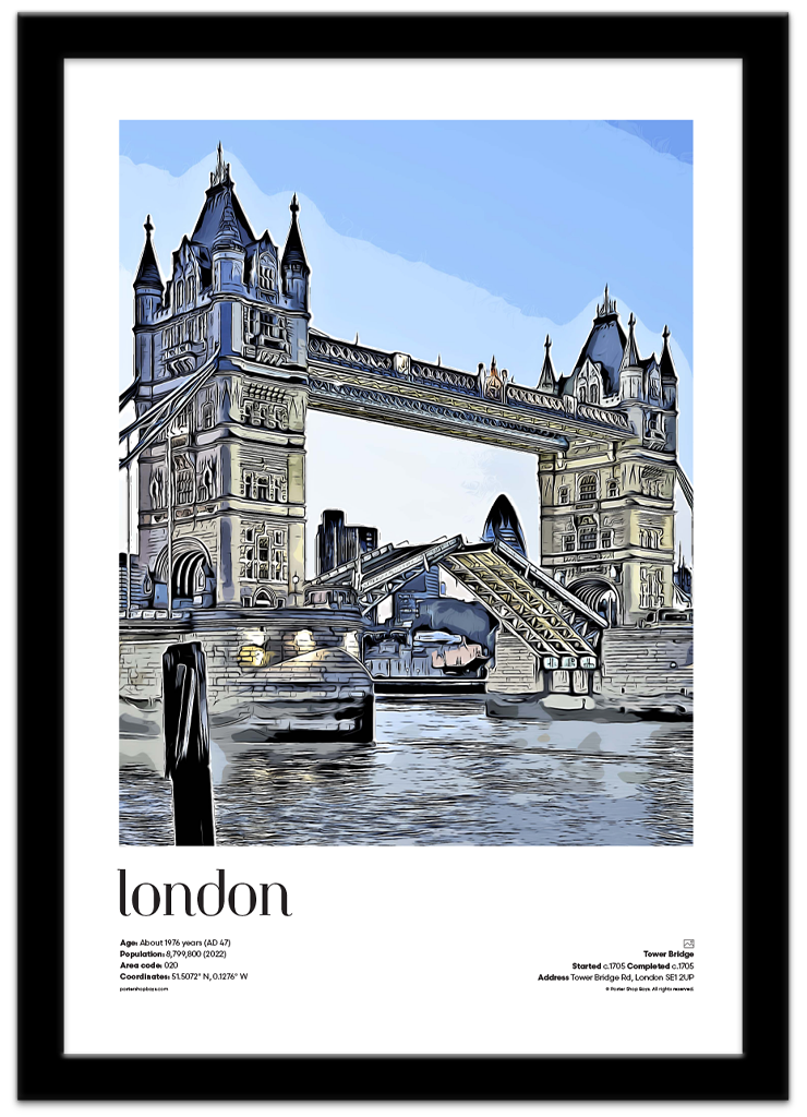 Poster Shop Boys London — Tower Bridge illustrated city travel poster displayed in black frame. Shop now