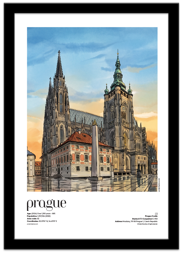 Poster Shop Boys Prague — Prague Castle illustrated mid-century city travel poster displayed in black frame. Shop now