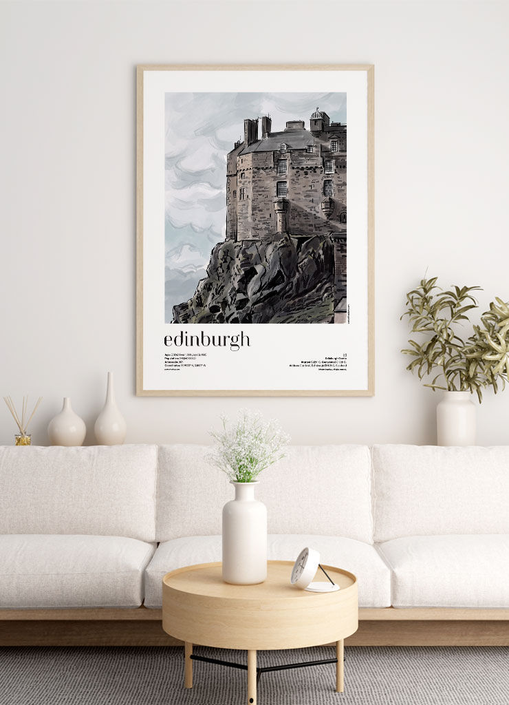 Edinburgh — Edinburgh Castle illustrated city travel poster displayed in modern living room interior with natural daylight