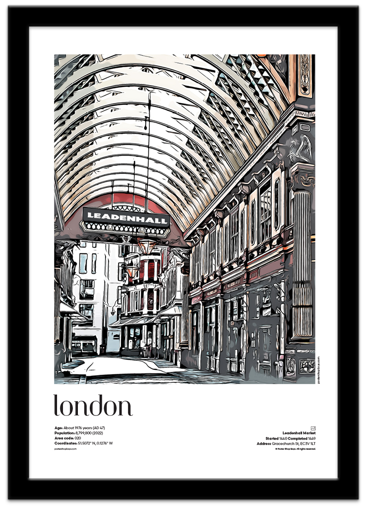 Poster Shop Boys London — Leadenhall Market illustrated city travel poster displayed in black frame. Shop now