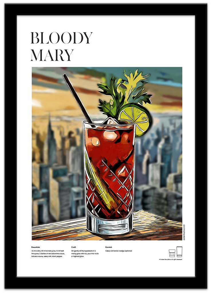 Poster Shop Boys Bloody Mary illustrated cocktail recipe poster displayed in black frame. Shop now