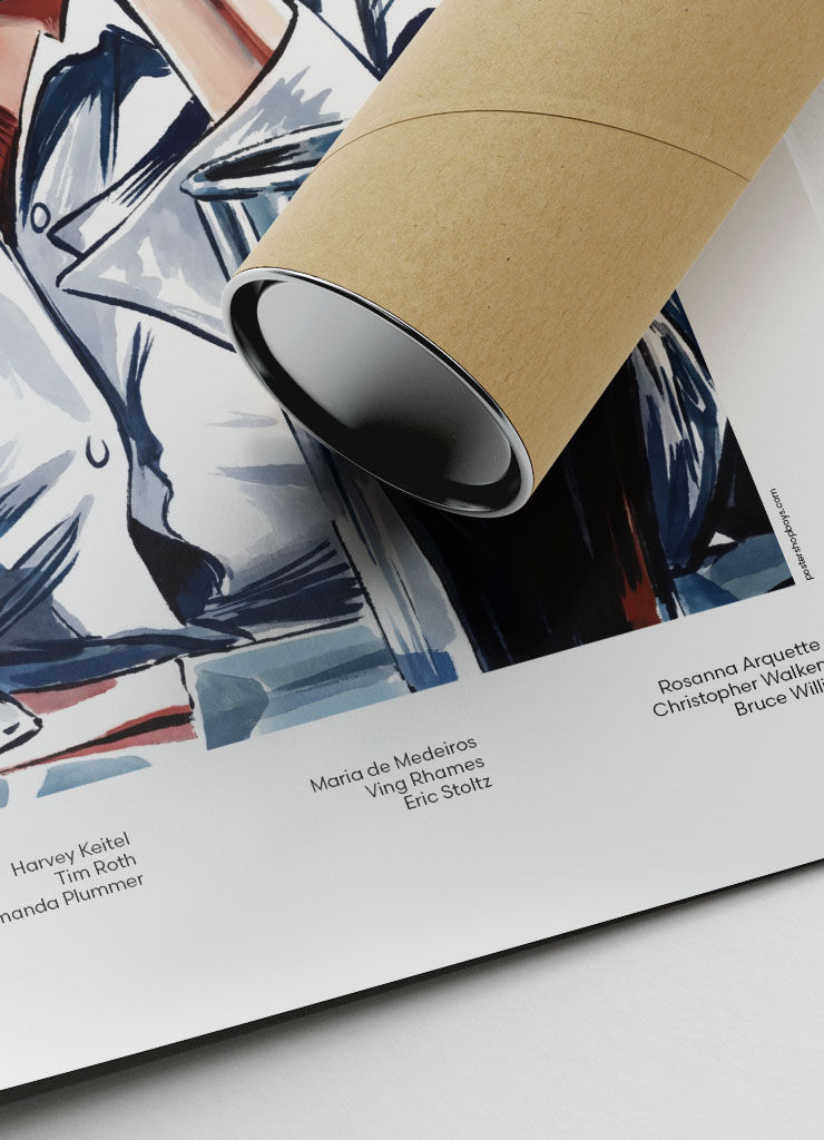 Close-up of illustrated Mid-century Pulp Fiction movie poster print showing fine art paper texture and high-quality details