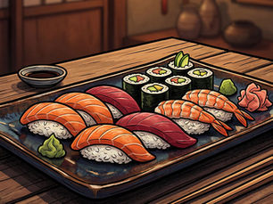 Sushi print kitchen wall art UK: Sushi Print Kitchen Wall Art: The Stylish Way to Celebrate Japanese Food Culture — original mid-century illustrated food poster displayed in a styled kitchen setting by Poster Shop Boys, printed on 200gsm premium matte paper
