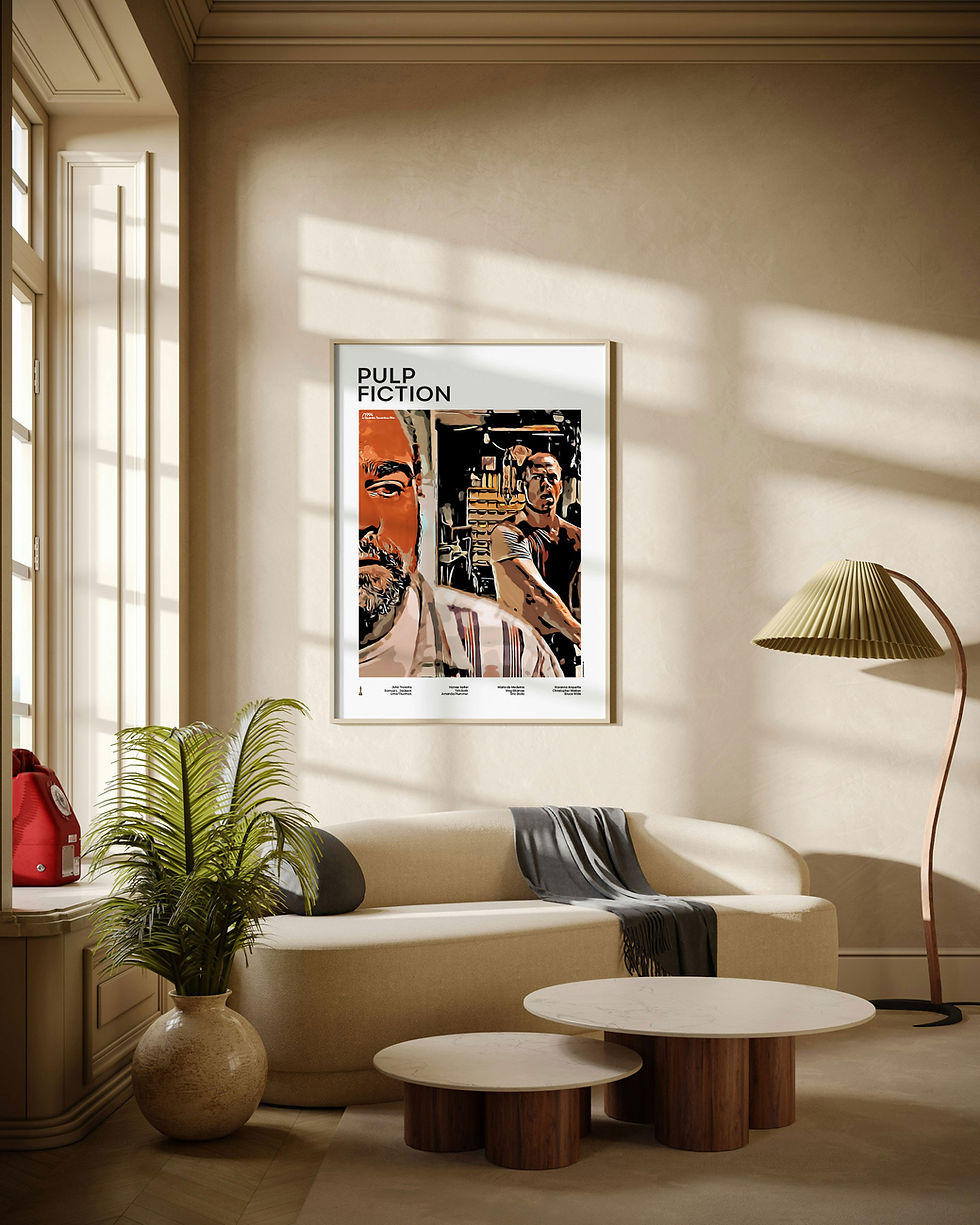 Pulp Fiction Butch illustrated mid-century movie poster displayed in modern living room interior with natural daylight