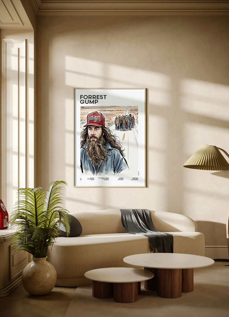 Forrest Gump - Run Forrest illustrated mid-century movie poster displayed in modern living room interior with daylight
