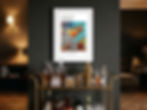Pornstar Martini illustrated cocktail poster displayed in modern kitchen or home bar interior with night light