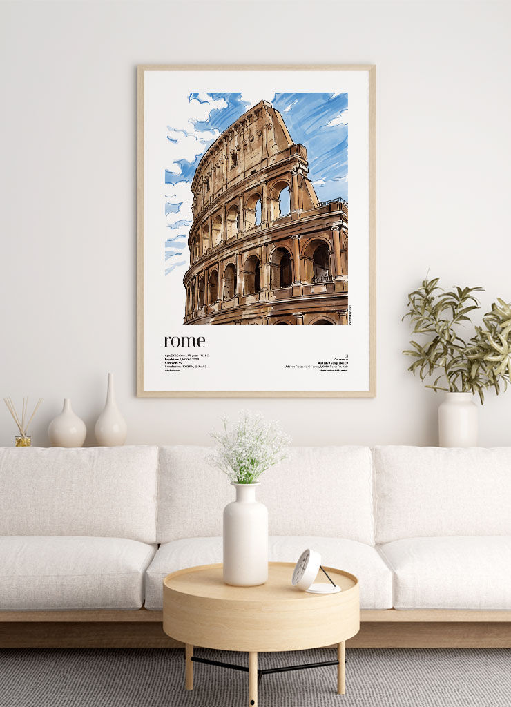 Rome — Colosseum illustrated mid-century city travel poster displayed in modern living room interior with natural daylight