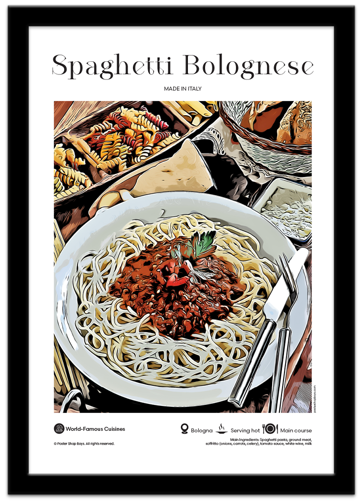 Poster Shop Boys Spaghetti Bolognese — Italy illustrated world cuisine poster displayed in black frame. Shop now