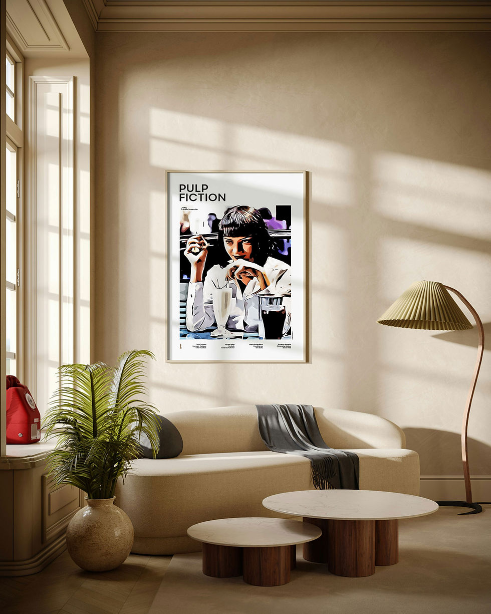 Pulp Fiction Mia Wallace illustrated mid-century movie poster displayed in modern living room interior with natural daylight