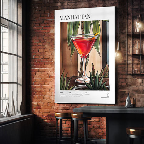 Manhattan cocktail print UK: Manhattan Cocktail Print: The Wall Art Every Home Bar Needs Right Now — original mid-century illustrated cocktail recipe poster displayed in a styled home bar setting by Poster Shop Boys, printed on 200gsm premium matte paper