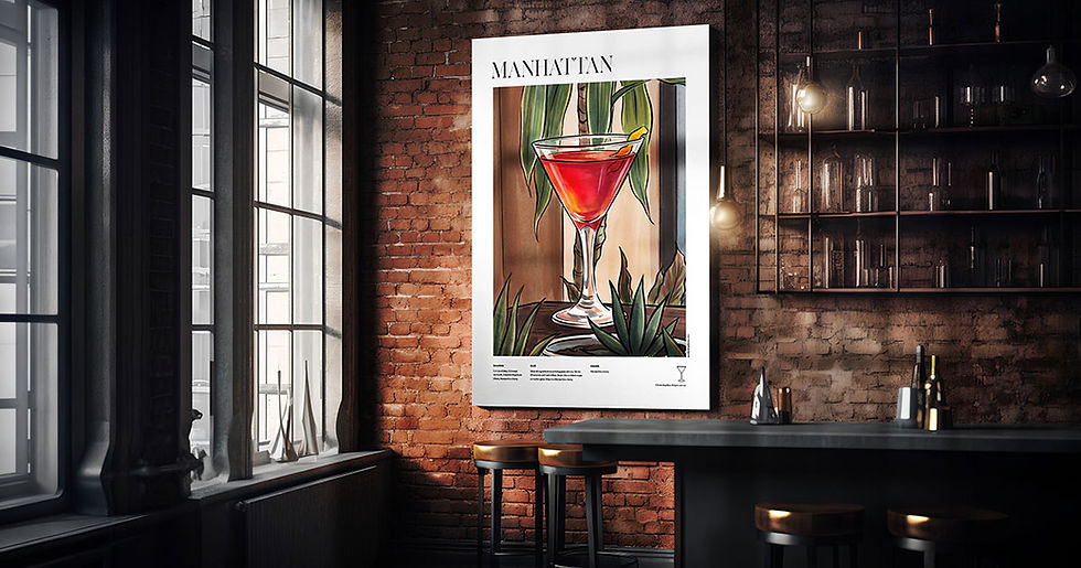 Manhattan cocktail print UK: Manhattan Cocktail Print: The Wall Art Every Home Bar Needs Right Now — original mid-century illustrated cocktail recipe poster displayed in a styled home bar setting by Poster Shop Boys, printed on 200gsm premium matte paper