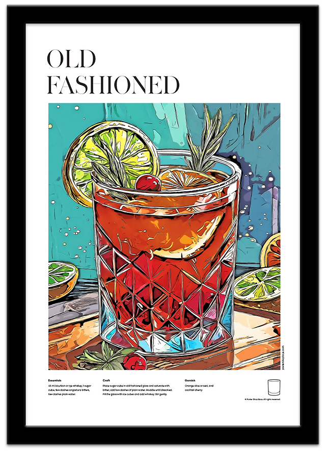 Poster Shop Boys Old Fashioned illustrated cocktail recipe poster displayed in black frame. Shop now