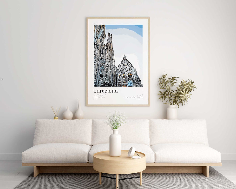 Barcelona — Sagrada Familia illustrated city travel poster displayed in modern living room interior with natural daylight