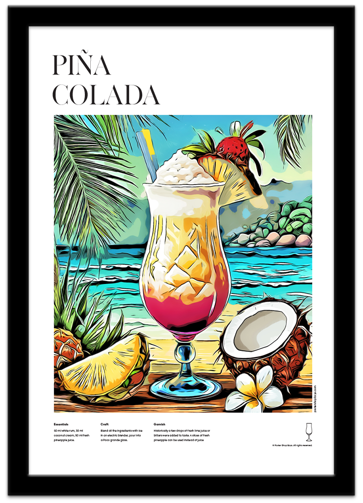 Poster Shop Boys Pina Colada illustrated cocktail recipe poster displayed in black frame. Shop now
