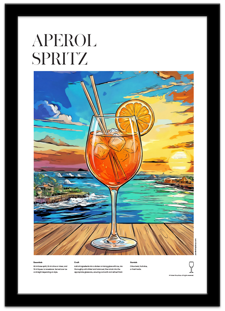 Poster Shop Boys Aperol Spritz illustrated cocktail recipe poster displayed in black frame. Shop now