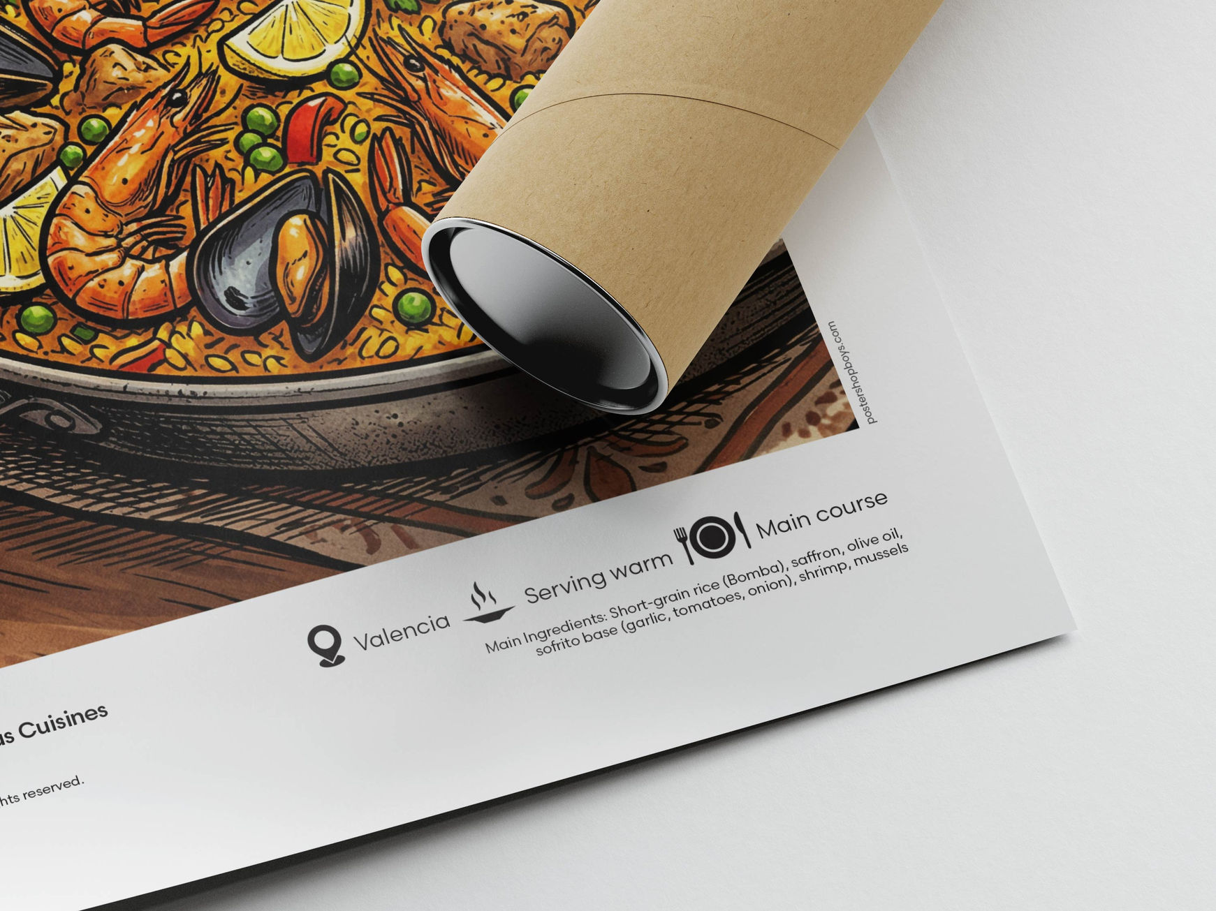 Close-up of illustrated Paella — Spain poster print showing fine art paper texture and high-quality details
