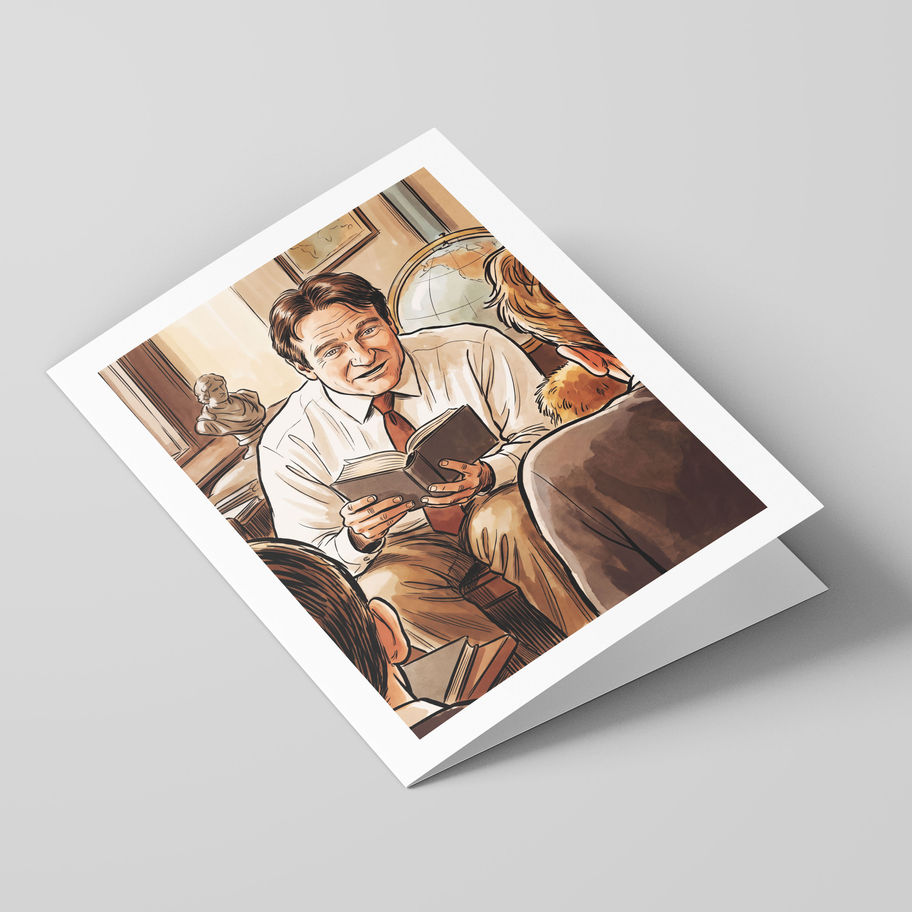 Poster Shop Boys Dead Poets Society - John Keating illustrated greeting card, front of the card. Shop now