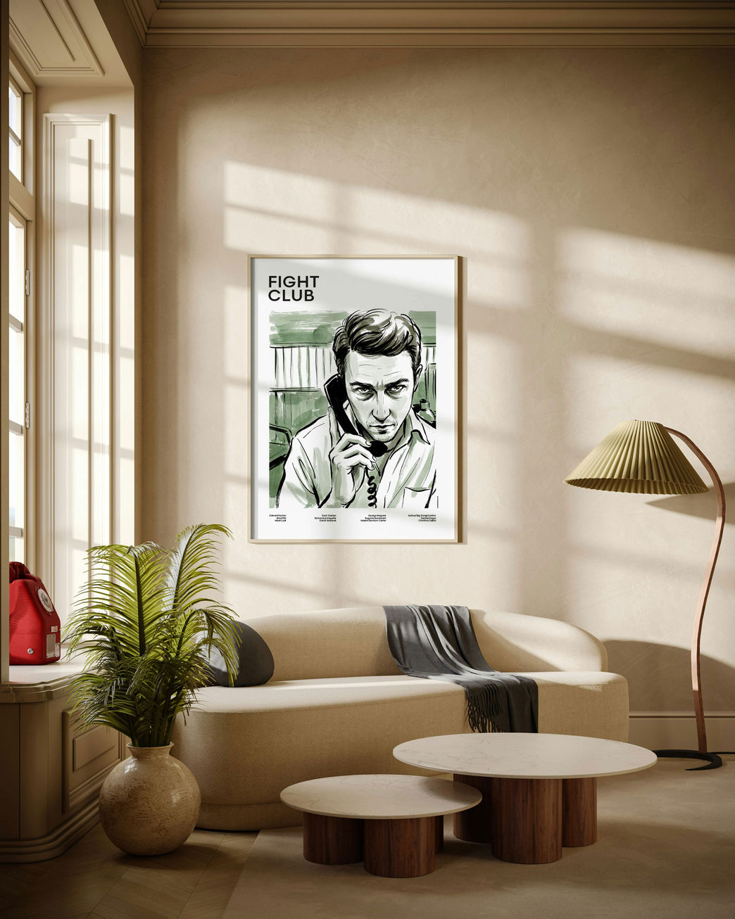 Fight Club - The Narrator illustrated mid-century movie poster displayed in modern living room interior with natural daylight