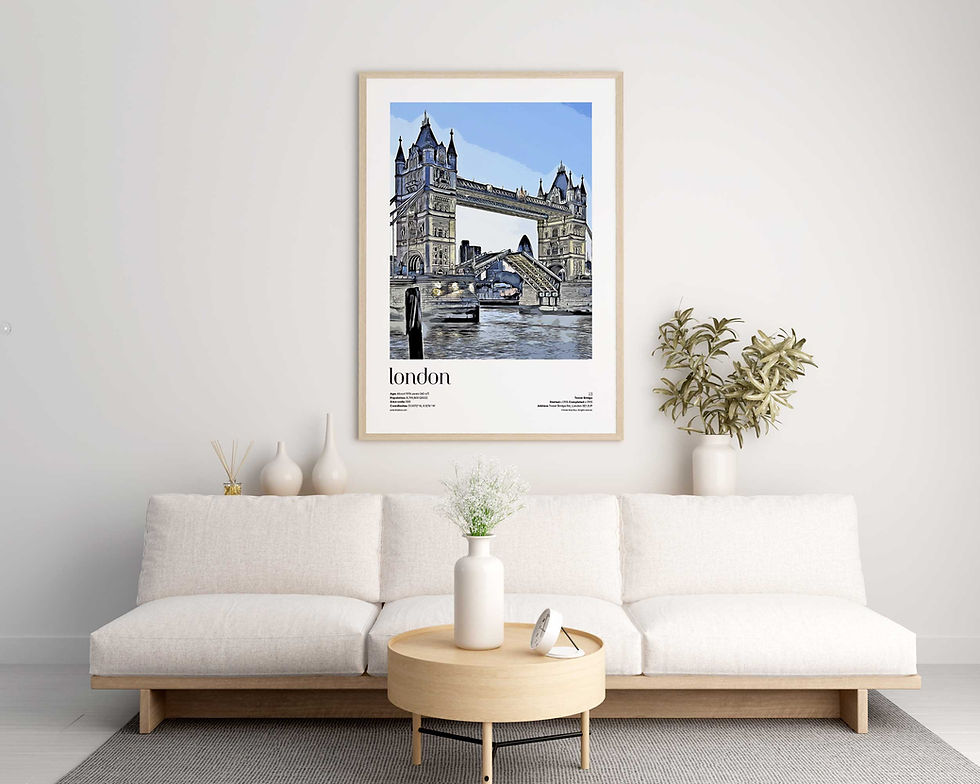 London — Tower Bridge illustrated city travel poster displayed in modern living room interior with natural daylight