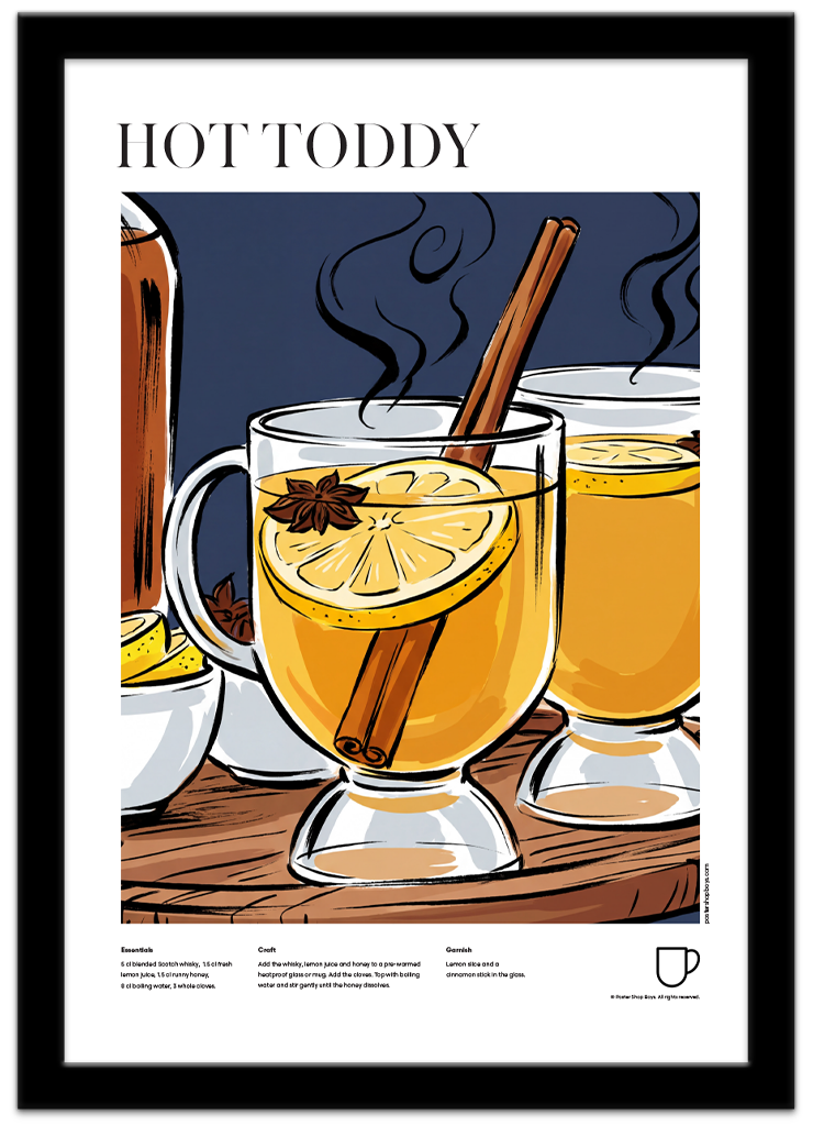Poster Shop Boys Hot Toddy — illustrated mid-century cocktail recipe poster displayed in black frame. Shop now