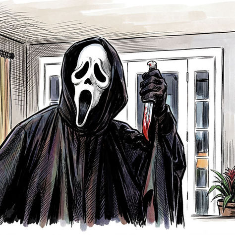Illustrated Ghost Face Poster: Why Scream's Masked Icon Makes the Most Interesting Wall Art — original mid-century illustrated movie poster displayed in a styled interior setting by Poster Shop Boys, printed on 200gsm premium matte paper