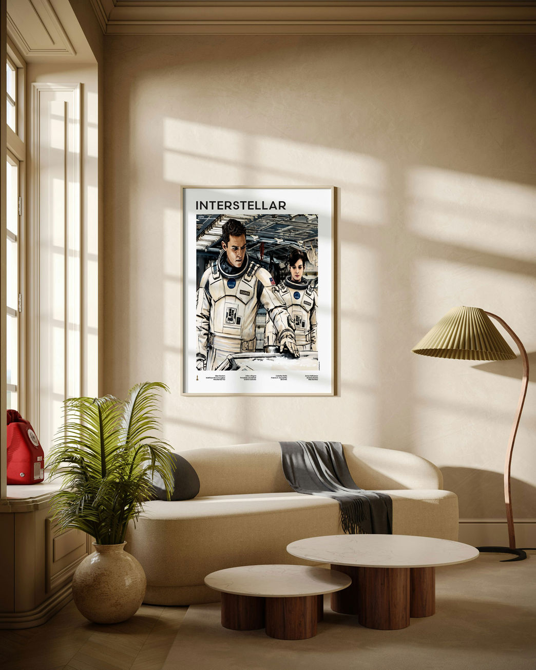 Interstellar - Cooper illustrated mid-century movie poster displayed in modern living room interior with natural daylight