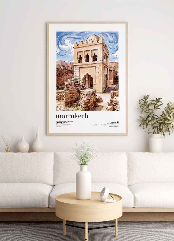 Marrakech — Almoravid Koubba illustrated city travel poster displayed in modern living room interior with natural daylight