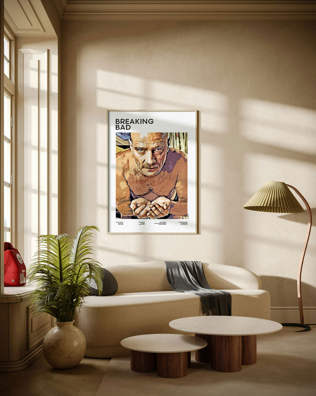 Breaking Bad Walter White illustrated mid-century movie poster displayed in modern living room interior with natural dayligh