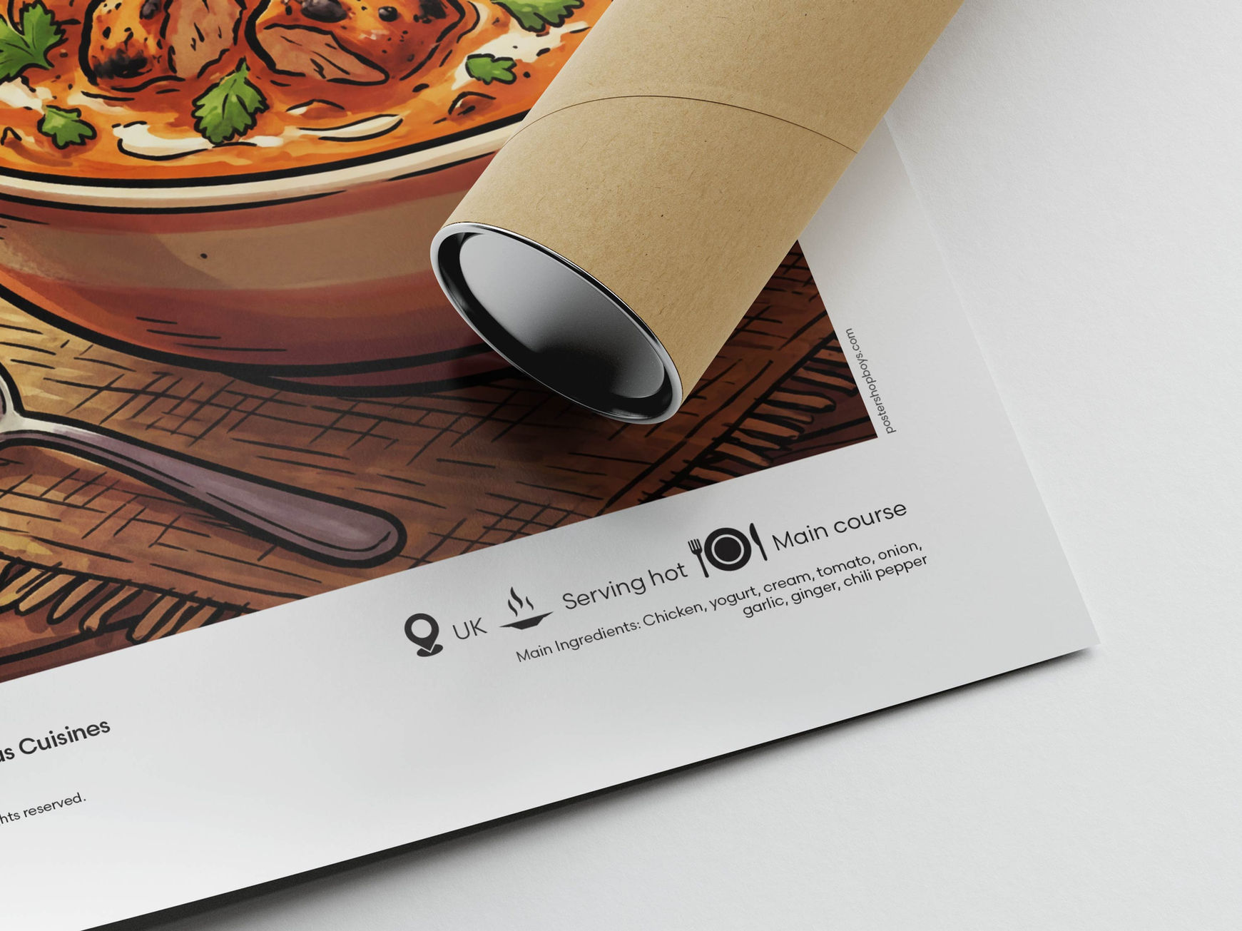 Close-up of illustrated Tikka Masala — United Kingdom poster print showing fine art paper texture and high-quality details