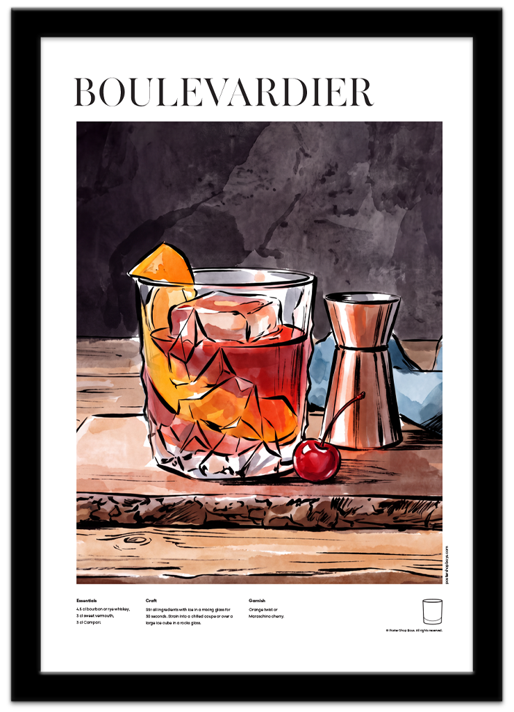 Poster Shop Boys Boulevardier — illustrated mid-century cocktail recipe poster displayed in black frame. Shop now