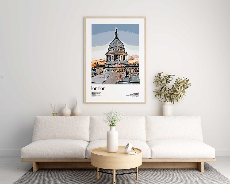 London — Saint Paul’s Cathedral illustrated city travel poster displayed in modern living room interior with natural daylight