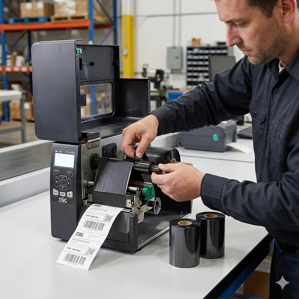 A technician replacing the thermal transfer ribbon
