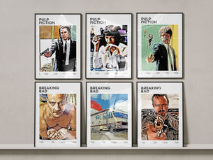 Six framed illustrated movie posters in black frames — Pulp Fiction Vincent Vega, Mia Wallace and Jules Winnfield top row, Breaking Bad Walter White, Krystal Ship and Jesse Pinkman bottom row — original mid-century style wall art by Poster Shop Boys