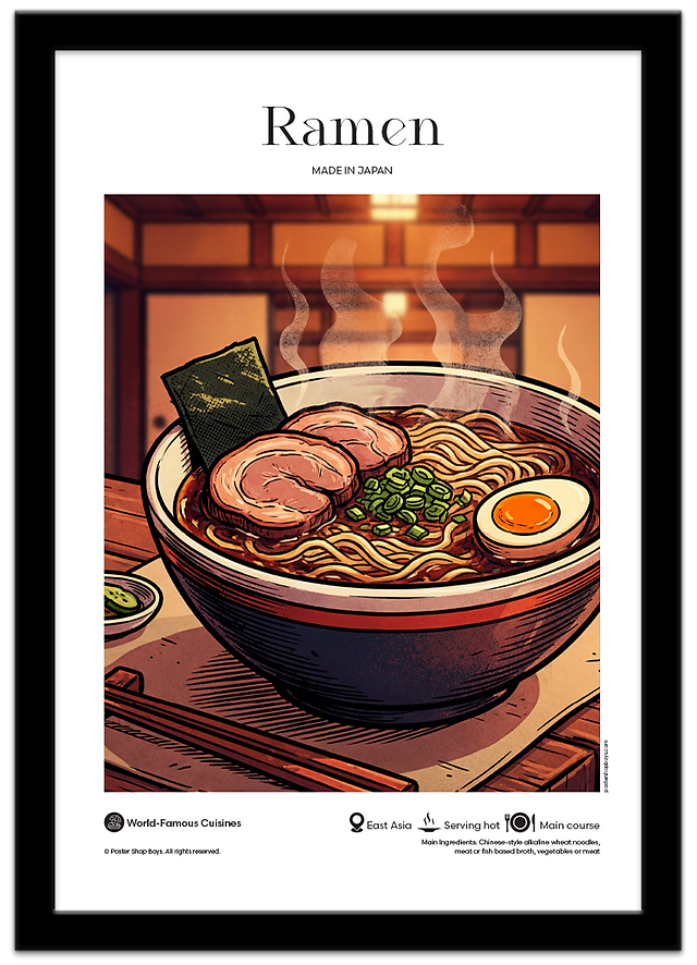 Poster Shop Boys Ramen — Japan illustrated world cuisine poster displayed in black frame. Shop now