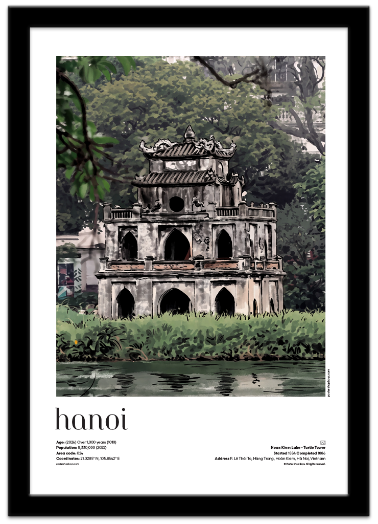 Poster Shop Boys Hanoi — Hoan Kiem Lake Turtle Tower illustrated city travel poster displayed in black frame. Shop now