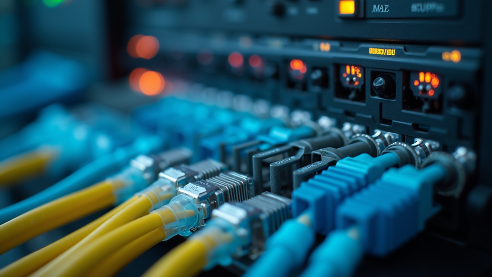 Close-up view of fiber optic cables connected to a CW-WDM multiplexer
