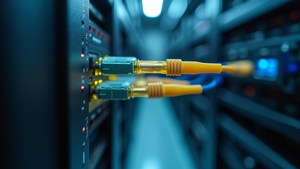 Eye-level view of optical network equipment with multiple fiber connections