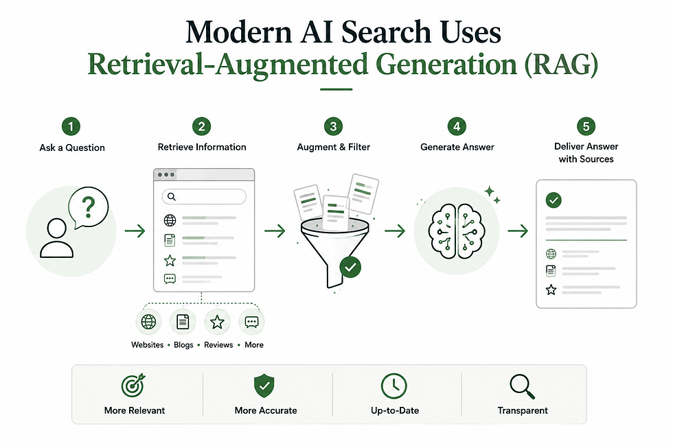 Infographic explaining Retrieval-Augmented Generation (RAG), showing how modern AI search retrieves, filters and synthesises information from trusted sources before generating an answer.