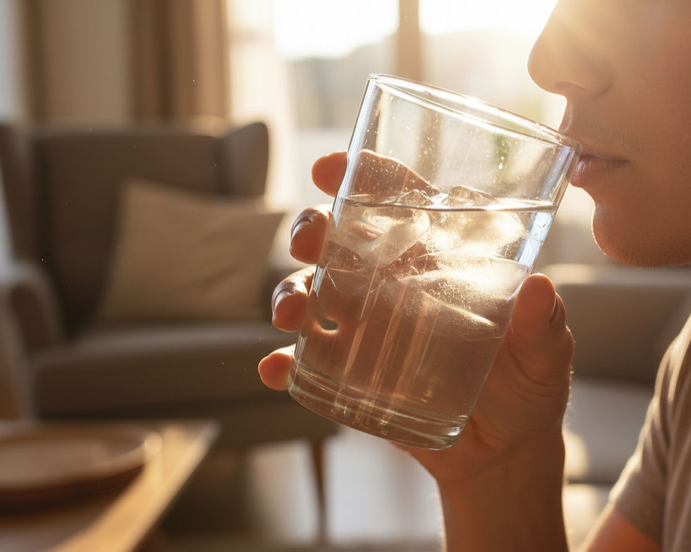 Candid photo of woman sipping iced water from glass first thing in the morning to stay hydrated