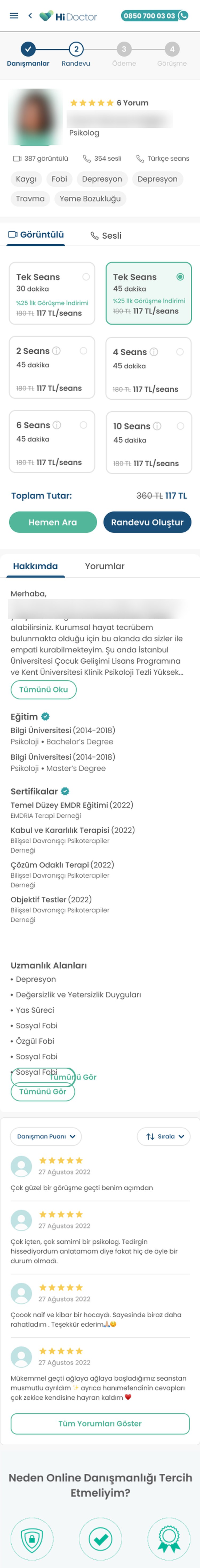 The mobile psychologist profile with session cards, about, education, certificates and reviews