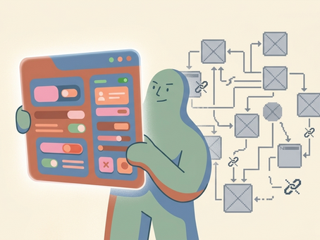 A soft minimalist flat-design illustration of a green humanoid figure holding a vibrant, polished UI screen in shades of terracotta, pink, and orange. Behind the glowing screen, the figure examines a messy, disconnected UX infrastructure made of grey wireframe nodes and broken arrows against a cream background. The style is analytical and calm, highlighting the contrast between a beautiful interface and broken logic.