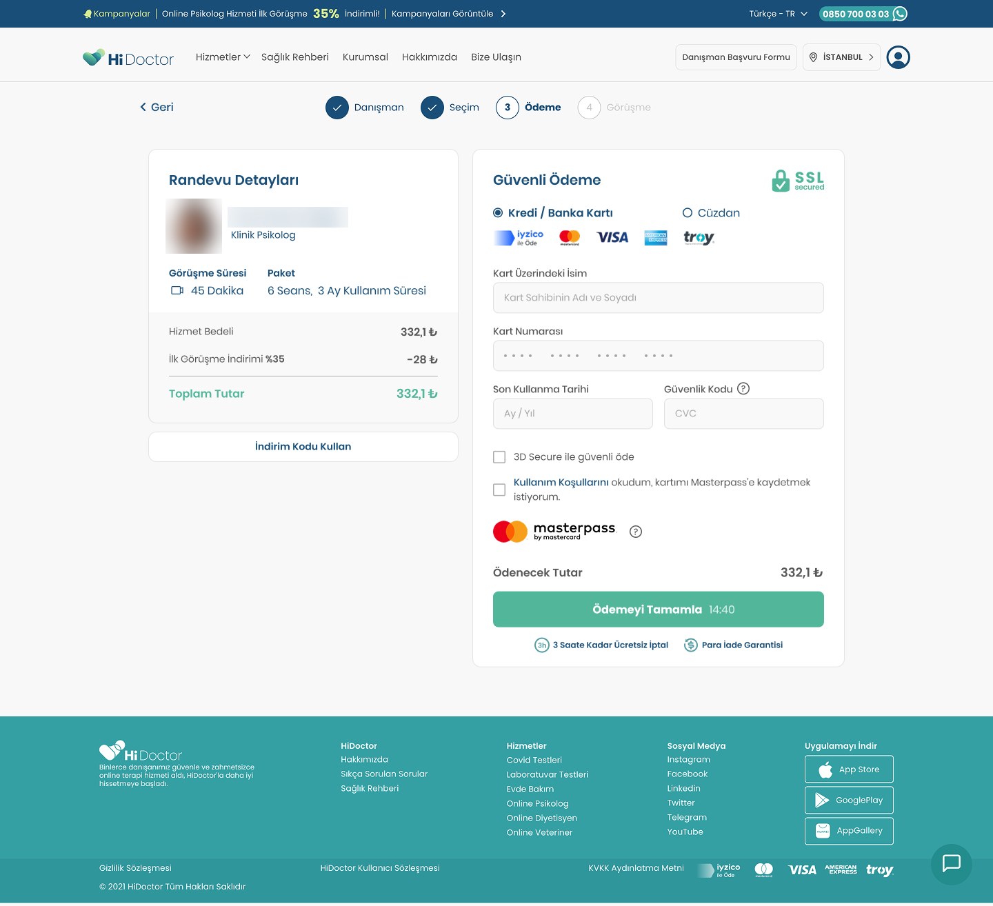 The payment page for a package: the appointment card shows 6 sessions and 3 months of validity instead of a date